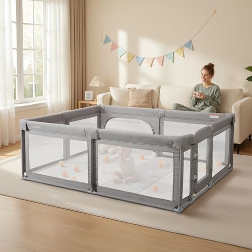 Baby Playpen,Extra Large Playpen for Babies and Toddlers, Sturdy Play Pen Play Yard with Safety Gate,79x59Baby Play Pen(Cationic Light Grey)