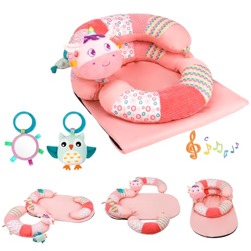 3-in-1 Tummy Time Pillow and Seated Support Playmat with Detachable Early Sensory Toys for Infant, Sitting Support to Prevent Reflux, Portable Gifts for Newborn Boys and Girls (Rose)