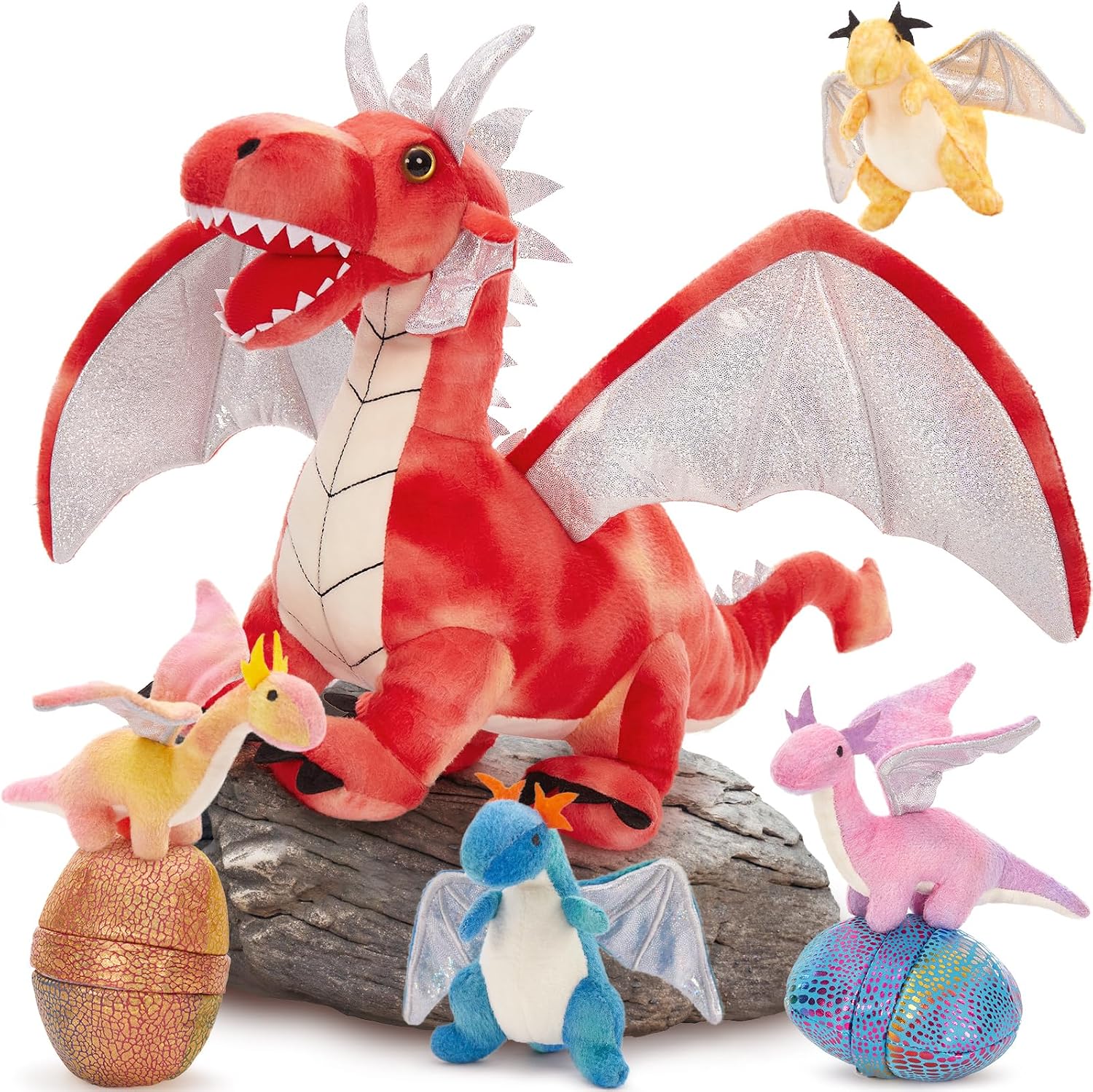 MaoGoLan 7 Pcs Dragon Plush Toy Set for Kid, 22 inch, Large Dragon Stuffed Animal with 4 Babies and 2 Eggs in Mom's Belly,Dinosaur Plush Gifts for Boy Girl Birthday Christmas Party Decor Red