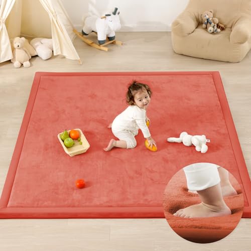 1.3" Thick Baby Play Mat for Floor Playpen, 50x50 Foam Tummy Time Mat, Padded Support Soft Plush Nursery Rug for Infant Kids Toddler Crawling Kick Activity (Brick)