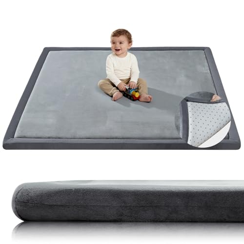 Baby Play Mat for Floor,1.3"Thick Padded Foam 50x50 playpen mat,Soft Velvet&Non-Slip Leather,Removable&Washable Cover,Nursery Rug for Baby Crawling,Toddlers,Infants,kids,Yoga,Tatami,Grey