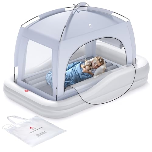 QPAU Inflatable Toddler Travel Bed with Tent, Baby Crib Tent, Portable Kids Air Mattress with Safety Bumpers, Ideal for Home, Grandma's, Camping, Traveling -Includes Fast Electric Pump (Grey)