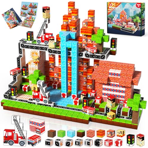GoodyKing Magnetic Blocks|100PCS Fire Truck Magnetic Building Cube Game,Constructions Toys for Boys & Girls Age 3-4,5-8 9 10,STEM Montessori Stacking Toy,Sensory Tiles Building Christmas for Toddlers
