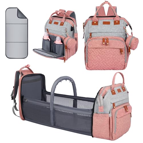 Diaper Bag Backpack - Baby Diaper Bag, Multifunctional Large Capacity, with Diaper Changing Station, Travel Diaper Bag Backpack (Pinkish Gray)
