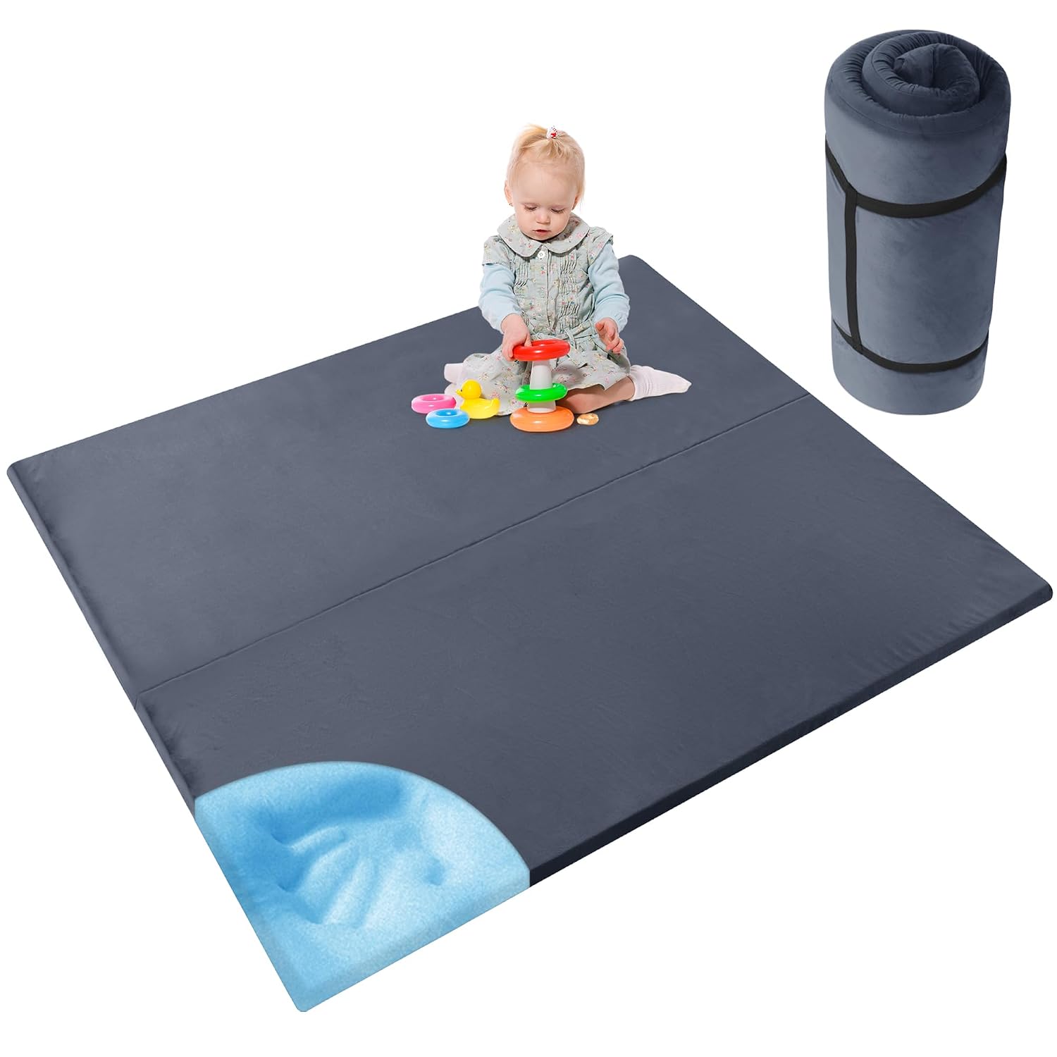 HOMBYS 50x50 Fodable Memory Foam Play Mat for Playpen,Thick 1" Thick Baby Play Mat for Floor,Padded Play Mat with Non-Slip Backing,Soft Tummy Time Mat,Baby Crawling Mat for Toddlers,Playmate for Baby