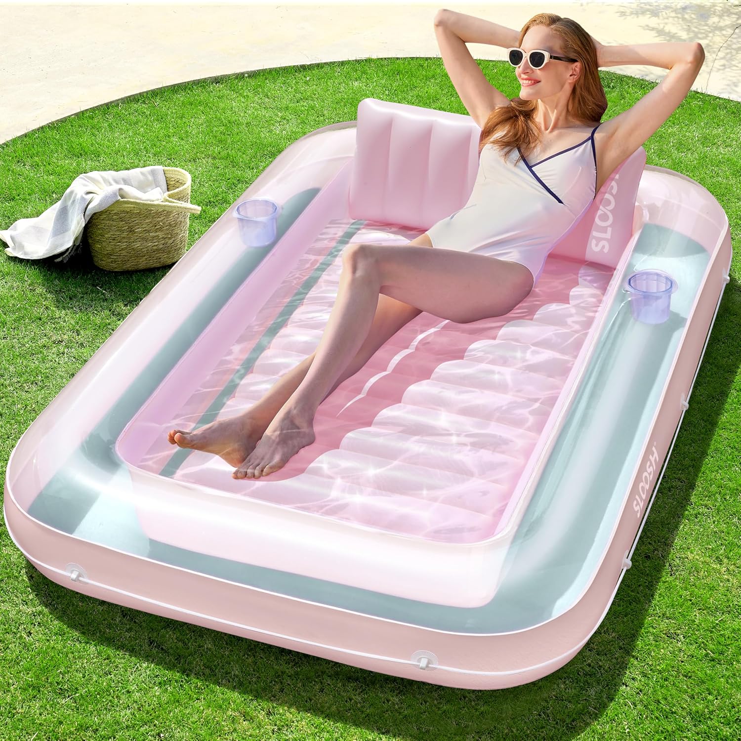 SLOOSH Inflatable Tanning Pool Lounger Float, 70" x 46" Pool Floats Adult with Pillow, 4 in 1 Suntan Tub Raft Floatie,Sunbathing Bed Lounge for Water Blow Up Kids Ball Pit Party Gifts, L-Cyan Pink