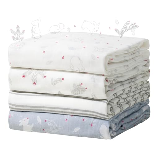 Momcozy Muslin Swaddle Blankets, Ultra Soft Neutral Baby Essentials Must Haves Registry Search, Breathable Large 47'' x 47'' Newborn Boys Girls Swaddle Receiving Blanket, Sugar Bowl Bunny