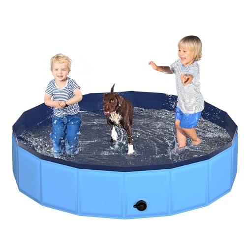 63" x 12" Foldable Dog Pool - Collapsible Hard Plastic Kiddie Pool for Dogs & Kids, Non-Slip Pet Bath Tub for Outdoor Backyard Use, Lightweight & Portable (Blue)