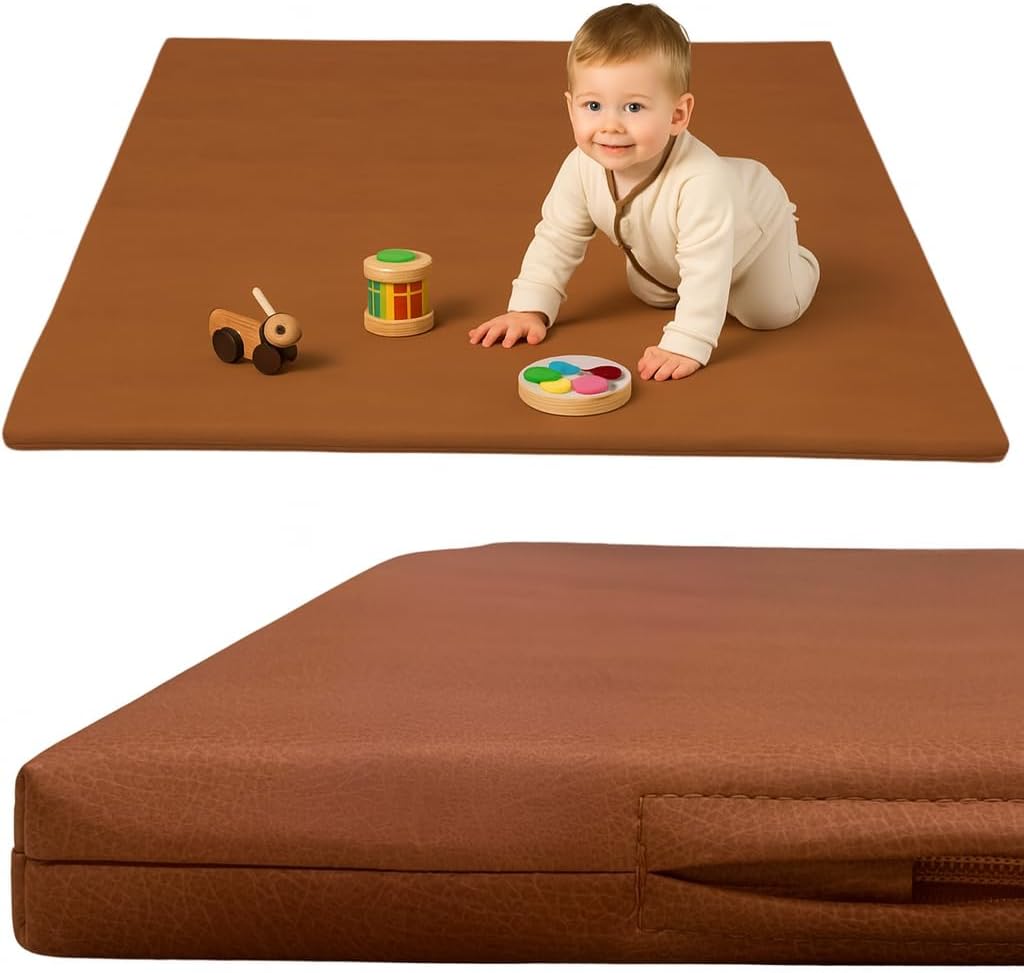 Premium Large Vegan Leather 1.4 Inch Thick Padded Baby Play Mat  Soft, Cushioned, Non-Toxic, and Easy to Clean, Brown, Large Size, Faux Leather Playmat (48" x 48")