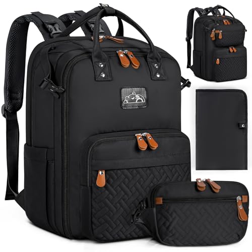 RAINSMORE Diaper Bag Backpack, Large Waterproof Baby Bag with Changing Pad, Detachable Crossbody Bag & Stroller Straps Travel Diaper Backpack for Moms Dads Unisex Baby Essentials Organizer