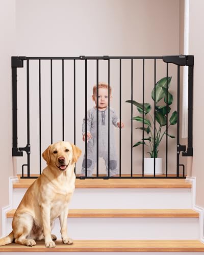 Cumbor 29.243" Baby Gate for Stairs, Wall-Mounted (Drill Required), Expandable No Bottom Bar Dog Gate, Auto Close Extra Wide Walk Thru, Pet & Toddler Proof Gate, Top & Bottom of Stairways(Black)