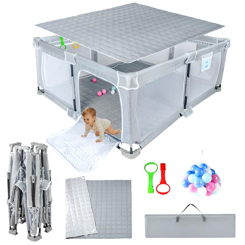 Foldable Baby Playpen 59"x71",Playpen for Babies and Toddlers with Mat,Foldable playpen with Door,Indoor and Outdoor Baby Fence Play Area (Light Gray, Foldable 59"x71" with Mat)