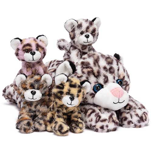 IKASA Mommy Leopard Stuffed Animal Mom and Baby Cheetah Plush Toy, Cute 18" Soft Small Mama Family Set Toys with Little Mini Babies,Gifts for Kids