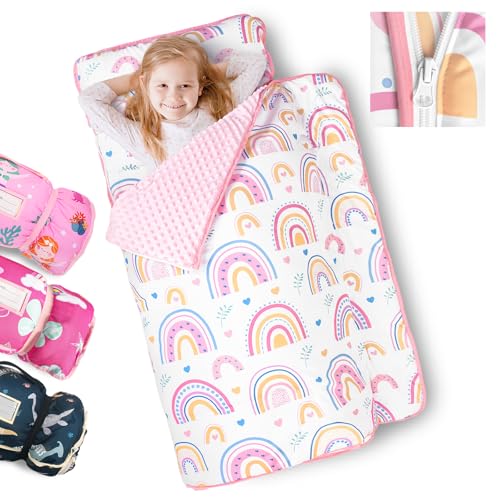 Primlect Toddler Nap Mat Extra Large Thickened 55''x35'', Soft Sleeping Bag with Detachable Minky Blanket and Pillow, Portable for Daycare, Preschool, Kindergarten, Travel, Boys and Girls
