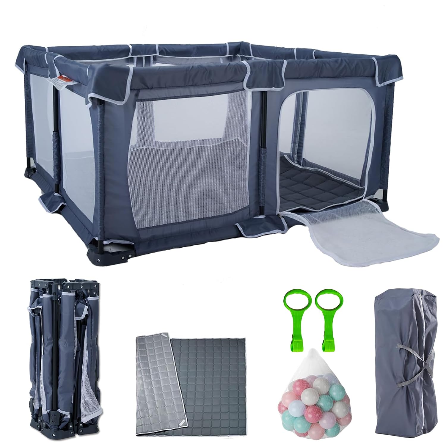 Foldable Baby Playpen 50"X50",Play Pen for Babies and Toddlers, Portable Playpen, Kids Collapsible Play Pen, Indoor & Outdoor Baby Fence with Visible Mesh,Safety Area Travel Play Yard with mat (Grey)