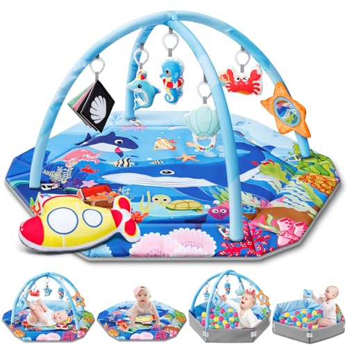 Baby Gym Play Mat, 8-in-1 Ocean Theme Tummy Time Mat & Ball Pit, Washable Baby Activity Play Mat