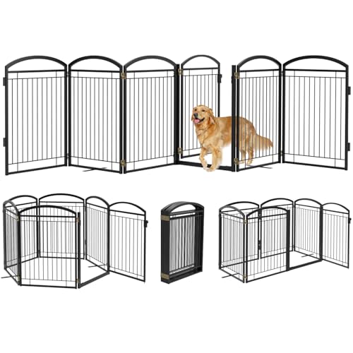 Full Metal Free Standing Dog Gate with Door for Indoor Outdoor, 144'' Extra Wide 36'' Tall Dog Gate for Doorways,Large Openings,Decks,Freestanding Portable Pet Fence(6 Panels,Black)