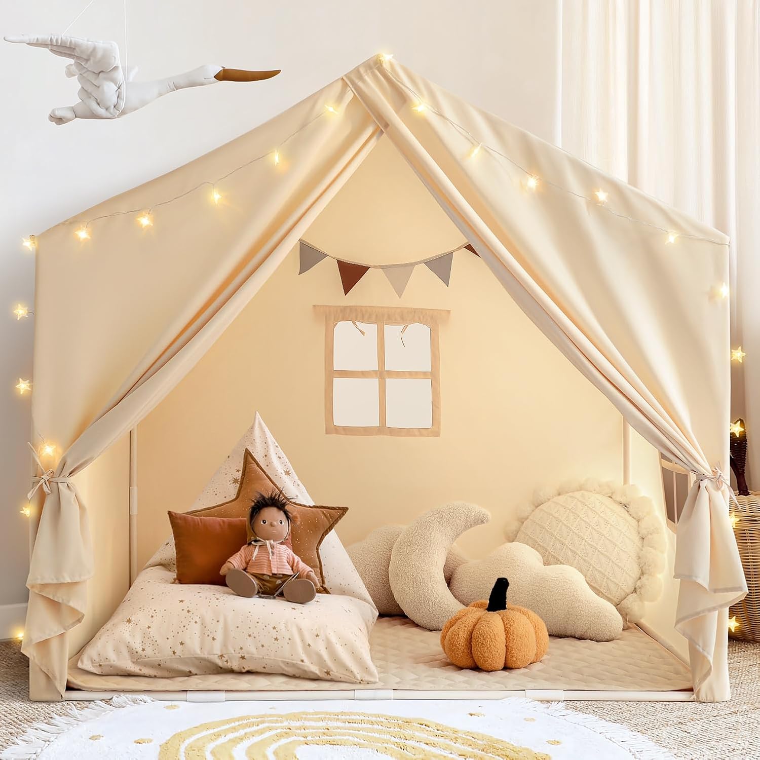 Kids Play Tent with Padded Mat, Large Kids Tent Indoor Play Cottage, Play House Playhouse Castle for Girls Boys