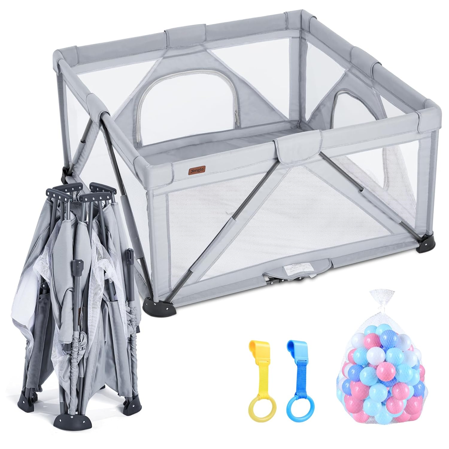 Baby Playpen Foldable, Playard for Babies and Toddlers, Portable Playpen Activity Center with 50 Balls+2 Handles for Travel, Indoor & Outdoor Play Pen with Mesh 59''x71''