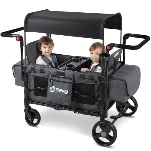 Sekey Wagon Stroller for 2 Kids, Luxury 4-in-1 Stroller Wagon - Premium Quality with Convertible Seats, Adjustable Push Handles, Removable Canopy, Snack Tray & Cooler, US Certified