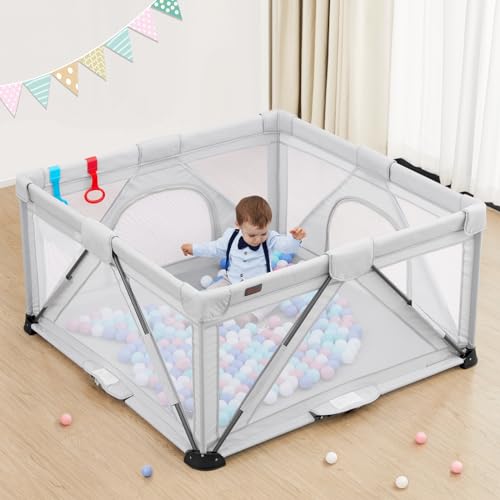Foldable Baby Playpen, Yobear Playpen for Babies and Toddlers with 50 PCS Ocean Balls & 2 Handles, Indoor & Outdoor Kids Safety Play Pen Area, Portable Travel Play Yard (Grey, 50"  50")