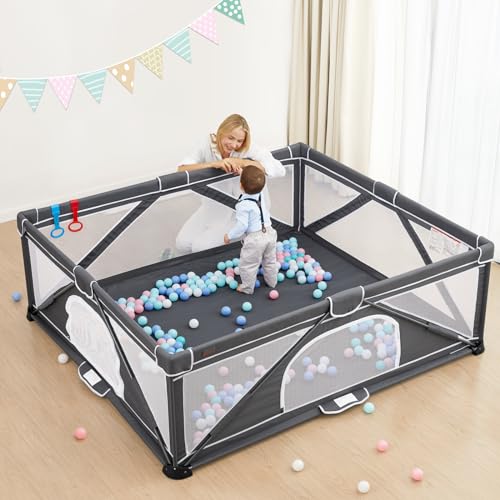 Foldable Baby Playpen, Yobear Playpen for Babies and Toddlers with 50 PCS Ocean Balls & 2 Handles, Indoor & Outdoor Kids Safety Play Pen Area, Portable Travel Play Yard (Black, 79"  71")