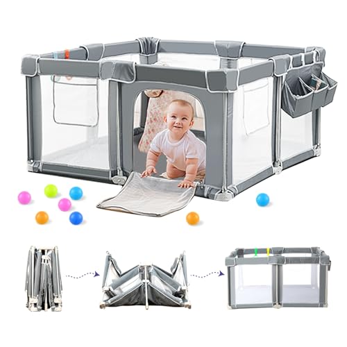 Foldable Baby Playpen 50"x50", Out-of-The-Box Ready Playpen for Babies and Toddlers, Portable Play Yard with Breathable Mesh & Gates, Storage Bag & 4 Handlers for Indoor & Outdoor