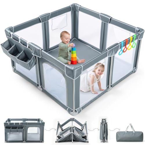 Foldable Baby Playpen 50"x50" with Mat, Out-of-The-Box Ready Playpen for Babies and Toddlers, Portable Play Yard with Breathable Mesh & Gates, Storage Bag & 4 Handlers for Indoor & Outdoor