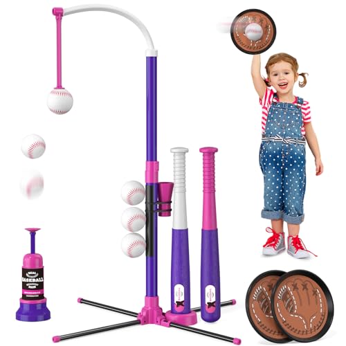 4 in 1 T Ball Sets for Kids 3-5 with Toss and Catch Ball Set, Hanging Tee Stand with Auto Pitching Machine/ 2 Bats, Indoor Outdoor Toys Baseball Gifts for Toddler Boys Girls, Purple