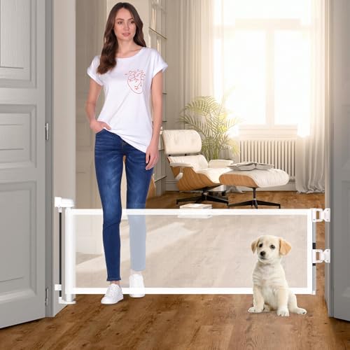 2 Pack Short Dog Gate Pet Gates Puppy Gate 14" H 59" Wide Step Over Pet Fence, Mesh Dog Gate Retractable Indoor Outdoor Expands Up to 59 Inches Doggie Gates Small Dog Gates for Doorways Stairs