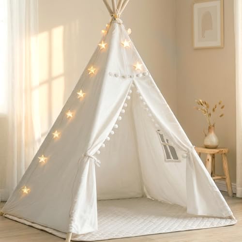 Teepee Tent with Starry Lights, Ground Mat and Pockets, Kids Teepee Tents for Indoor & Outdoor Use, Foldable Play Tents for Boys & Girls, Washable Toddler Play Tent for Birthdays & Holidays
