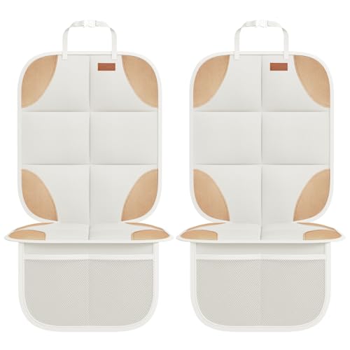SMART ELF Car Seat Protector, 2Pack Seat Protector Protect Child Seats with Thickest Padding and Non-Slip Backing Mesh Pockets for Baby and Pet,Sedan SUV Truck (Beige Brown)