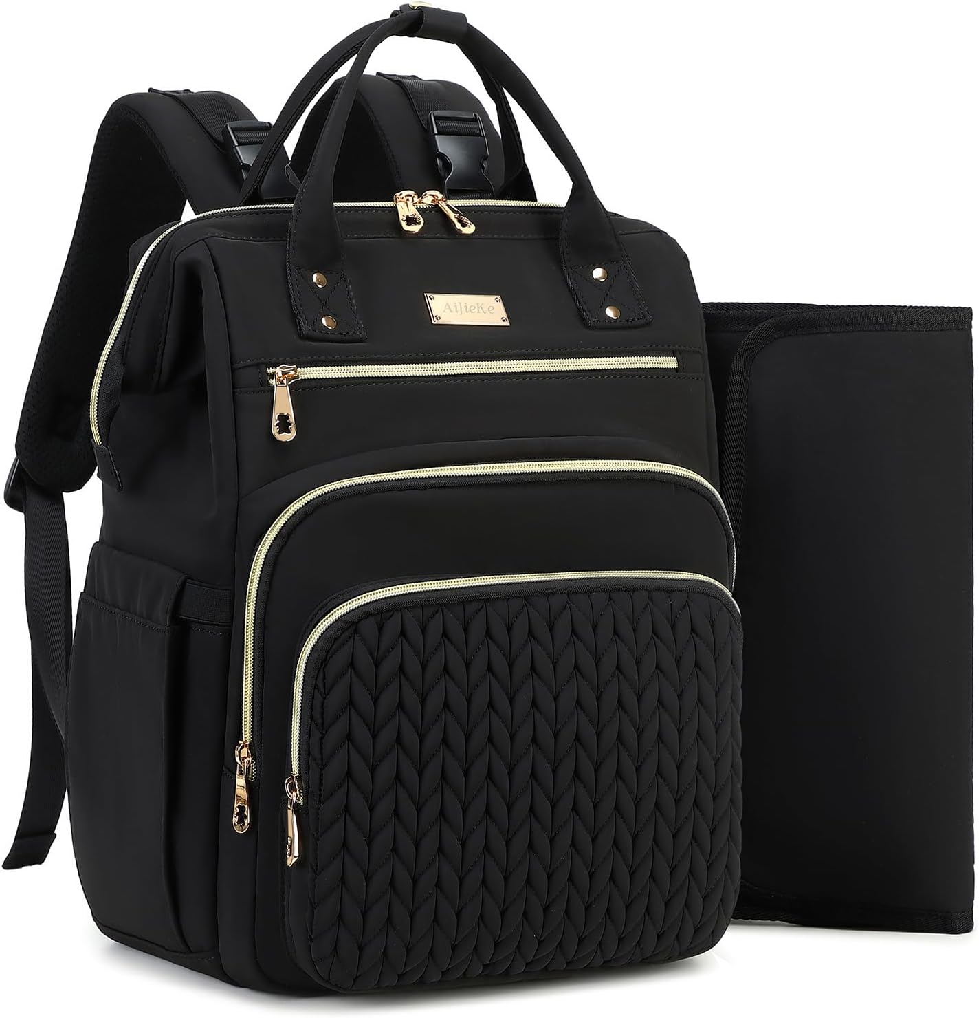 AIJIEKE Diaper Bag, Large Wide-Open Baby Diaper Backpack, Multi-functional Baby Travel Tote Bag, Diaper Bag with Changing Pad, Diaper Bags for Mom & Maternity (Black)