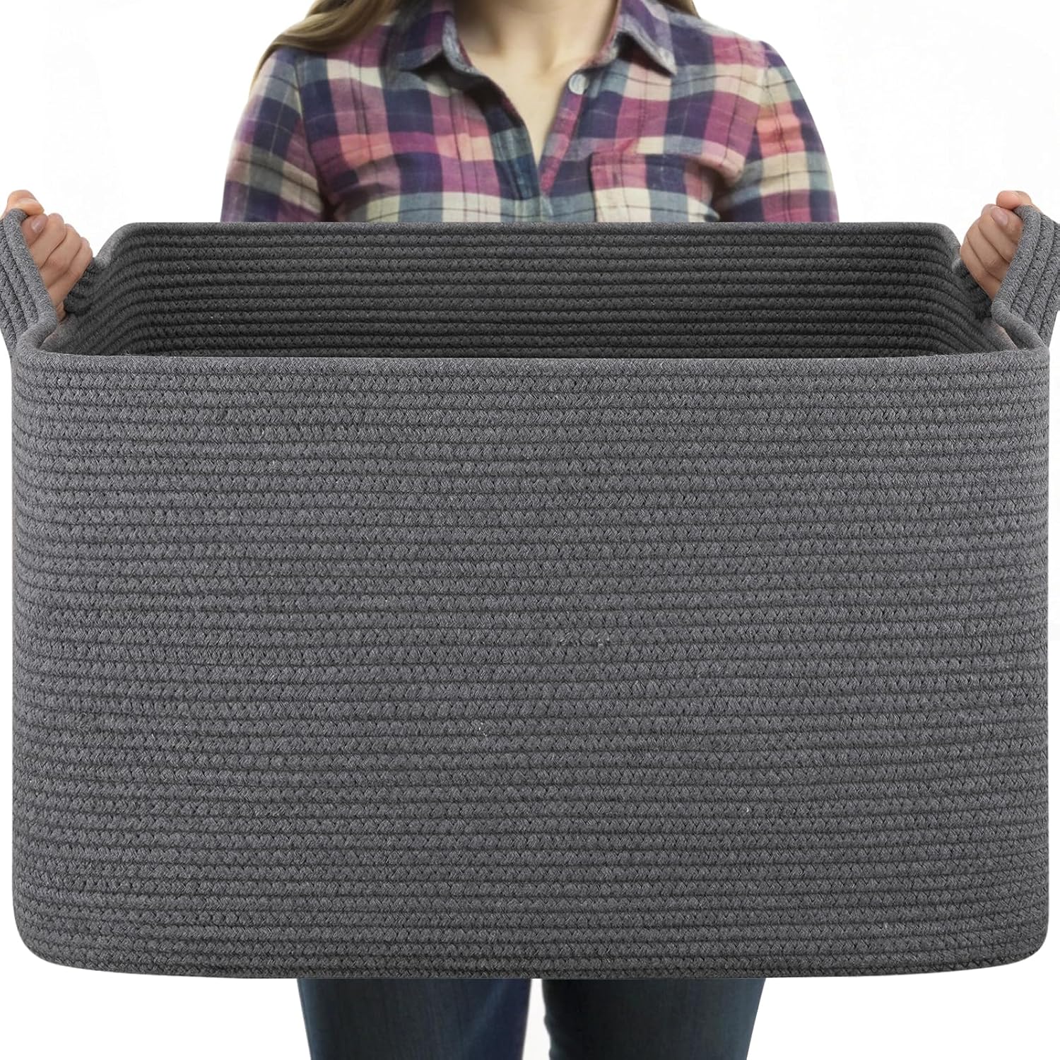 95L Large Blanket Basket, Blanket Storage Living Room, Rectangle Woven Baskets for Storage Toys, Towels, Diry Clothes Organizer Bins (Dark Grey)
