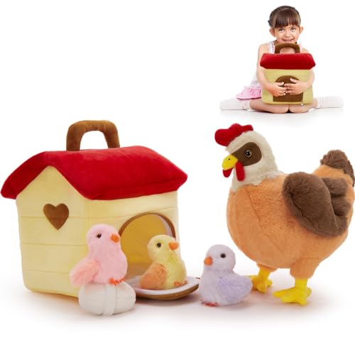 Tezituor 6 Pcs Chicken Stuffed Animals Set with Coop,14" Mother Hen with Baby Chicks&Egg Plush Toy,Soft Farm Animal Plushies for Toddlers Kids Home Farm Decor Easter Gifts