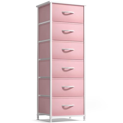 Sorbus Fabric Dresser for Kids Bedroom - Chest of 6 Drawers, Tall Storage Tower, Clothing Organizer, for Closet, for Playroom, for Nursery, Steel Frame, Fabric Bins - Wood Handle (Pink)