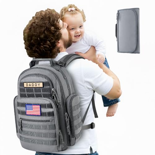 SHARKMOUTH Diaper Bag with Changing Pad - Large Military Baby Diaper Backpack for Hiking Travel Camping - Army Style for Men Active Dad Gray