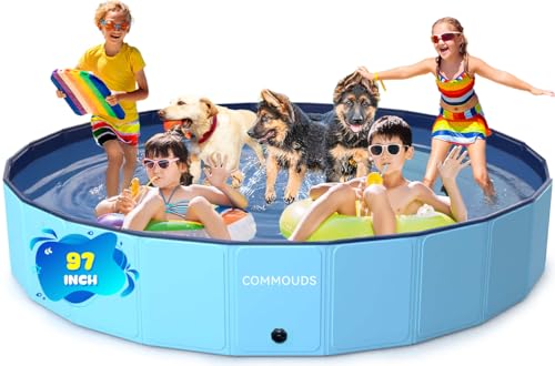 COMMOUDS 97Inch Extra Large Foldable Dog Pool, Collapsible Hard Plastic Dog Kiddie Swimming Pool, Portable Pet Bath Tub Wading Pools for Kids and Puppy Small Medium Large Dogs