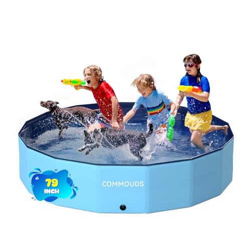 COMMOUDS Foldable Dog Pool, Collapsible Hard Plastic Dog Kiddie Swimming Pool, Portable Pet Bath Tub Wading Pools for Kids and Puppy Small Medium Large Dogs(79inch.D x 16inch.H)
