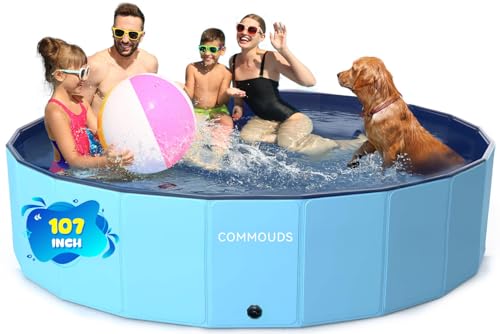 COMMOUDS 107 Inch Foldable Dog Pool, Extra Large Collapsible Hard Plastic Dog Kiddie Swimming Pool, Portable Pet Bath Tub Wading Pools for Kids and Puppy Small Medium Large Dogs