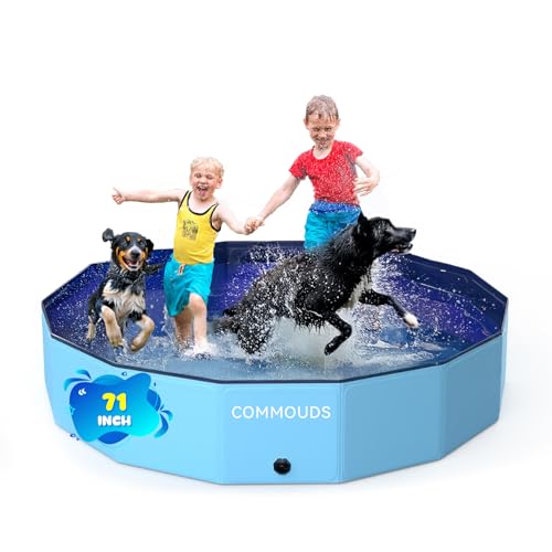 COMMOUDS Foldable Dog Pool, Collapsible Hard Plastic Dog Kiddie Swimming Pool, Portable Pet Bath Tub Wading Pools for Kids and Puppy Small Medium Large Dogs(71inch.D x 12inch.H)