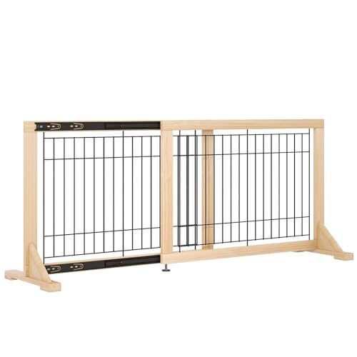 YOCAN Extra Wide Adjustable Dog Gate for Doors, Stairs -19.7" H, 23.6"-45.3" Wide Pet Safety Gate, Freestanding Wood & Metal Frame - No Drill Pressure Mount, Indoor Safety Barrier (Black/Natural)