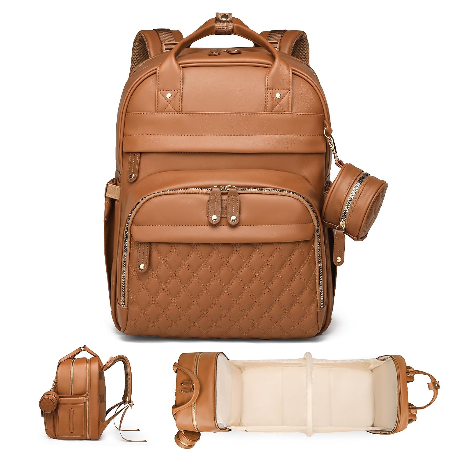 Leather Baby Diaper Bag with Changing Station,Extra large Capacity Baby Diaper Bag Backpack(Brown)