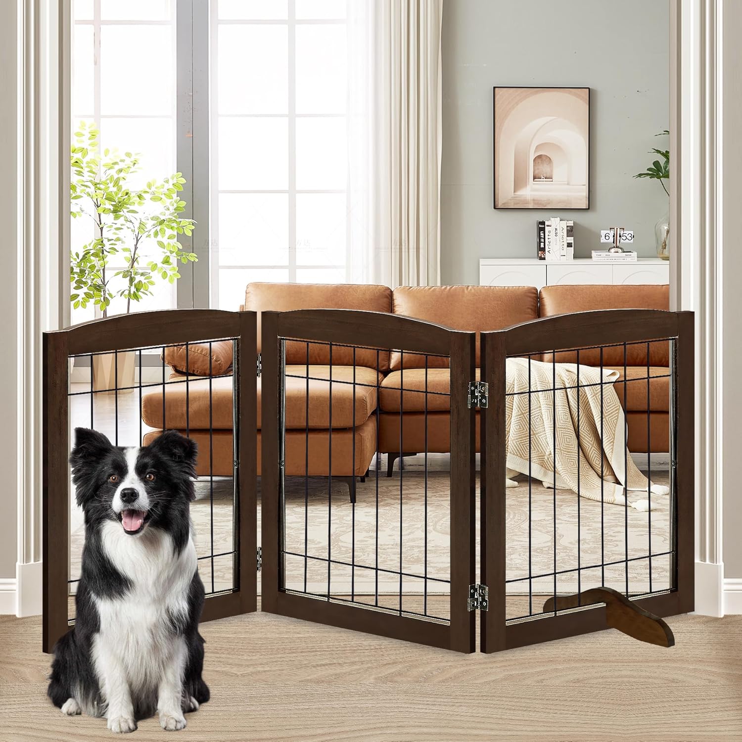LZRS 3-Panel Freestanding Adjustable Wooden Dog Gate30" Tall Foldable Pet Barrier with Support Feet, Chew-Resistant Solid Hardwood & Steel Wire Safety Fence for Doorways, Hallways, and Stairs, Walnut