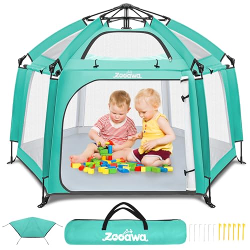 Zooawa Pop Up Playpen for Baby, Portable Play Yard for Babies and Toddlers with Removable Sun-Shades& 2 Side UV Covers, Lightweight Outdoor Baby Playpen with Travel Bag,Beach,Home, Mint Green