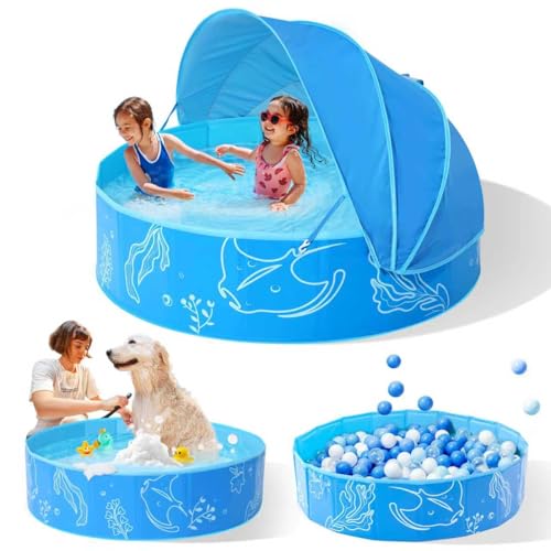 Foldable Kiddie Pool with Canopy: 47in Baby Pool and Beach Tent for Toddlers Infants 6-12 Months and Kids 2-4 Years Old - Portable Water Play with Shade for Outdoor Backyard Beach (Blue-Blue)