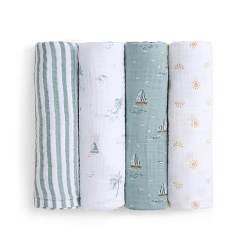 aden + anais Boutique Organic Swaddle Blanket 4-Pack  100% Organic Cotton Muslin, Large, Soft, Breathable Receiving Blankets for Infants  Lightweight Multi-Use Baby Swaddles, Sailing Seas