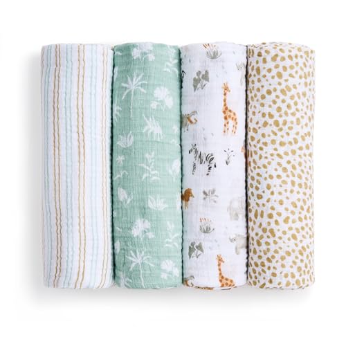 aden + anais Essentials Cotton Muslin Swaddle, Breathable Baby Blanket, Ideal for Boys, Girls, Newborns, Babies & Infants, Receiving Blanket, Soft and Lightweight Wrap, 4 Pack, Giraffe Safari