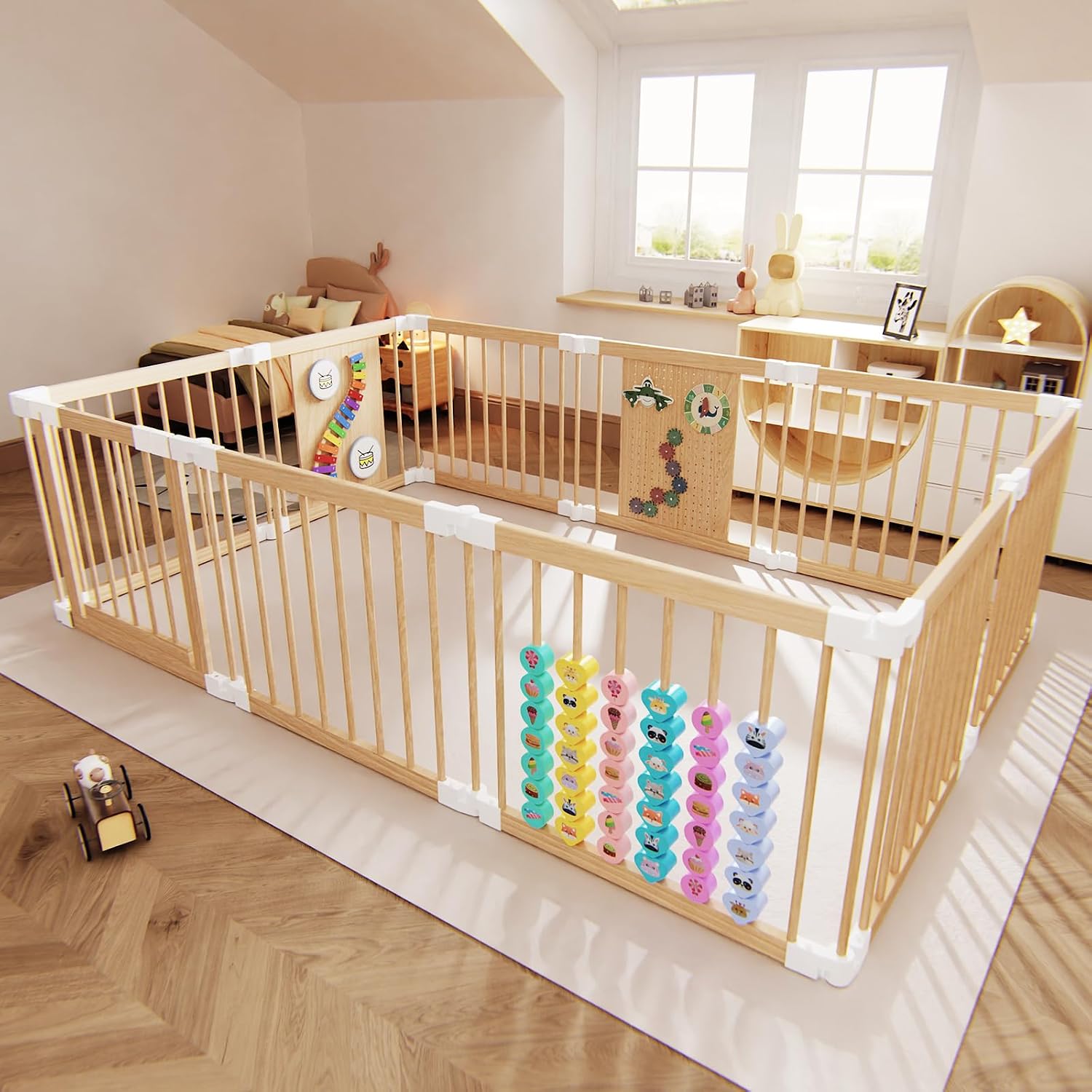 Baby Playpen - Adjustable Multi-Shape Wooden Play Yard, Portable Collapsible Activity Center with Baby Fence Play Area & Toys for Infants, Toddlers (57x85x24inch)