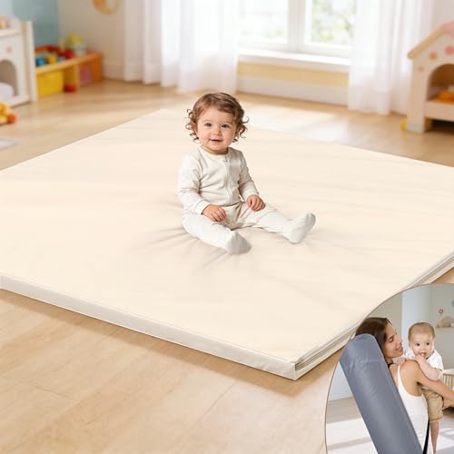 Baby Play Mat 47x47 Inches, Extra Thick 1.2" Foam Floor Mat for Tummy Time & Crawling, Waterproof Non-Slip Faux Leather Playpen Mat for Infants Toddlers, Indoor Outdoor Gym Activity, Beige